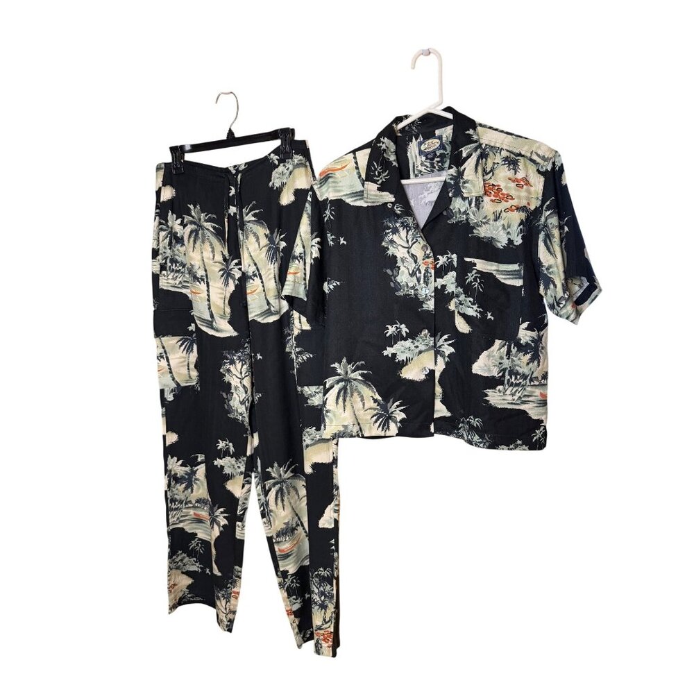 Tommy Bahama Womens Size 10 Black Hawaiian-style Print Silk Pant Set Casual